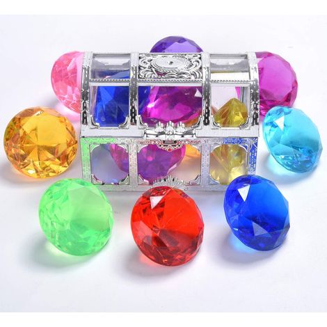 Lot de 6 gros diamants colorés pour piscine avec coffre pirate trésor, jouets de plongée été, jeu de lancer sous-marin, accessoires natation cadeau (Argent) (1/4)