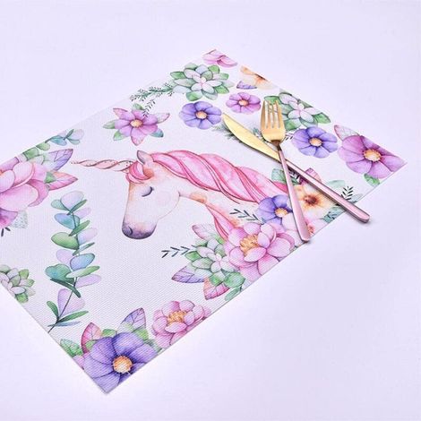 CSPARKV Set de table Licorne De Dessin Animé Lot de 2 Sets de Table Plastique PVC Lavable Antidérapant Set de Table Rectangle Antidérapant Chaleur Résiste Facile à Nettoyer Respectueux l'environnement (1/5)