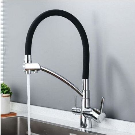 Rubinetto da cucina a tre vie, miscelatore flessibile, rubinetto per lavello per acqua potabile regolabile a 360° (doppia maniglia), corpo in ottone, rivestimento argento/nero (1/4)