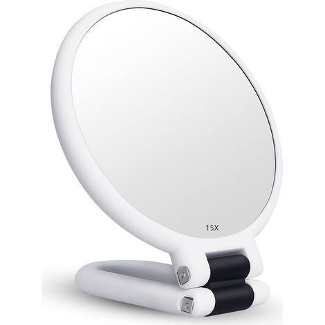 15x Magnifying Double-Sided Folding Mirror with Handle, Handheld Makeup Mirror, Hairdresser's Palette Mirror, Folding Mirror Used for Various Makeup Details (White) (1/5)