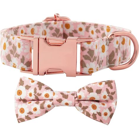 Collier Chien Avec Nœud Papillon - Coton Floral Imprimé Marguerite - Boucle Métallique Robuste - Réglable pour Chien Petit Moyen Grand et Chat - 1 Pièce
