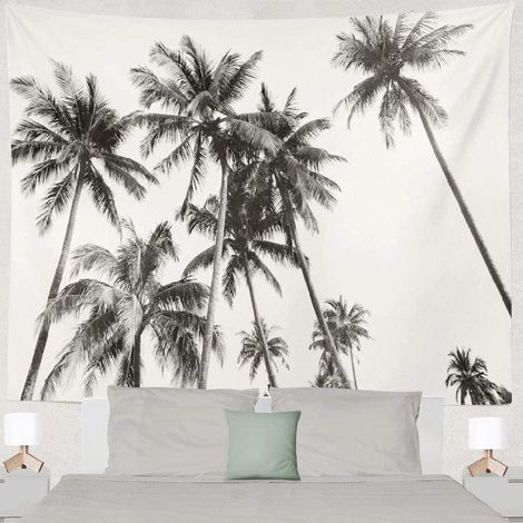 BEBUSINGOTO Tapiz de pared con palmeras vintage de playa y naturaleza en blanco y negro - 200 x 150 cm - Tapiz grande - Póster - Lienzo - Accesorios para dormitorio, salón y habitación infantil (1/5)