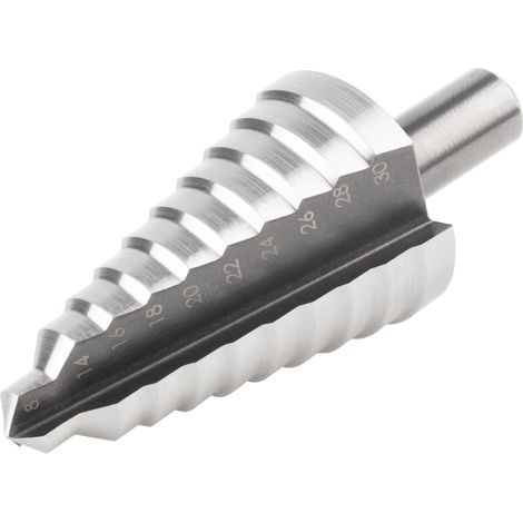 wolfcraft - Fraise Etagée HSS avec Pointe d'amorçage - Diamètre 8-30 mm.  Queue de 10 mm. Longueur Utile 52.5 mm - réf. 2516000
