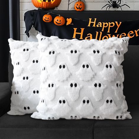 2 taies d'oreiller fantôme Halloween, douces et moelleuses, idéales pour la décoration intérieure, 45 x 45 cm, blanches. (1/5)