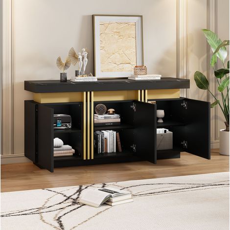 Credenza in truciolare nero effetto marmo 140 x 38 x 70 cm, 3 ante, 3 ripiani regolabili (1/5)