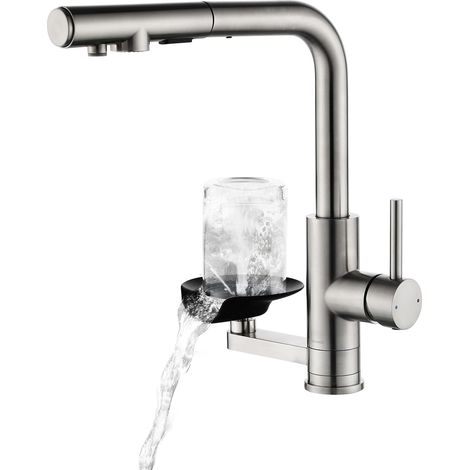 Robinet de Cuisine Lave-Verres, Robinet Cuisine 360° Rotatif Extensible, Miscelateur Monomandrin Double jet, Acier inoxydable 304 brossé, Pour évier Cuisine
