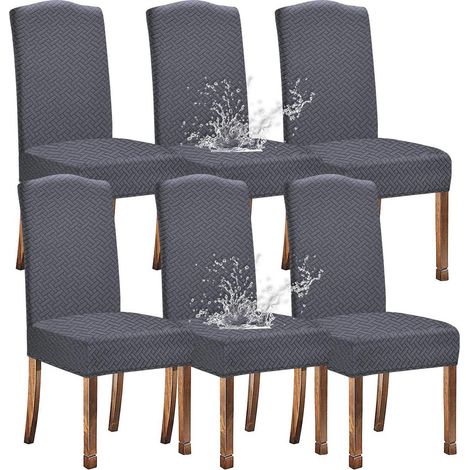Stuhlhussen Esszimmer 6er Set Grau Wasserdicht Jacquard Stretch mit Gittermuster (1/5)