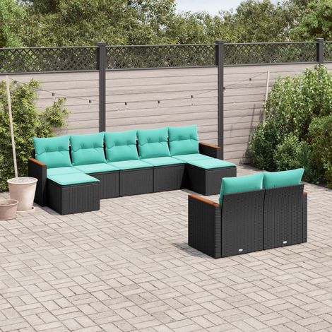 9-teiliges Gartensofa-Set mit Kissen, schwarzes Polyrattan (1/5)