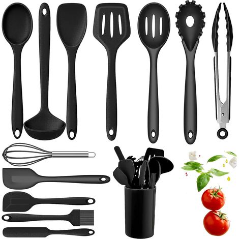 Juego de 13 utensilios de cocina de silicona, sin BPA, antiadherentes, resistentes a los arañazos, aptos para todo tipo de ollas y sartenes - Negro (1/5)