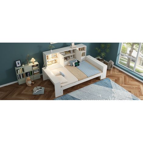 Ausziehbares Bett 90x200 cm aus weißem MDF mit Stauraum und USB – MEUBLIV (1/5)