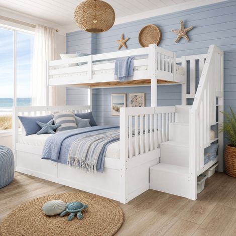 Litera con cama 90x200 cm y 140x200 cm, arcón hidráulico y escalera con almacenaje, estructura de pino, MDF y contrachapado, blanca, para 2 personas  CHICFURN (1/5)