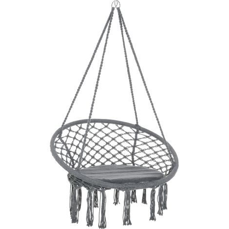 Outdoor Cotton-Polyester Blend Macrame Hanging Rope Chair with Cushion, Portable Garden Chair with Fringe Tassels for Patio, Deck, Tree, Grey