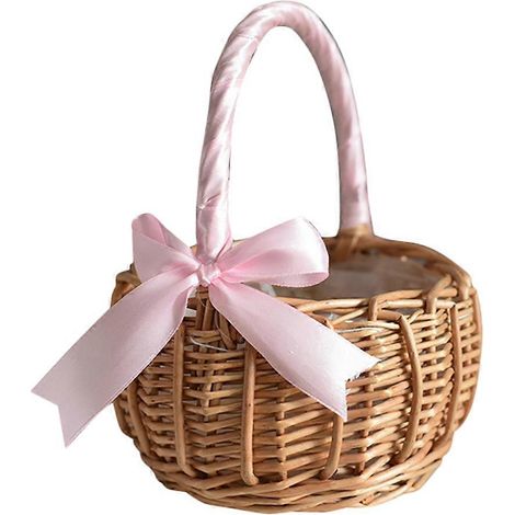 Panier à fleurs en osier tressé, avec poignée et ruban rose, panier pour demoiselle d'honneur de mariage, pour la décoration de la maison et du jardin. (1/5)