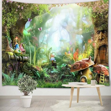Wall Tapestry Forest Wall Hanging Nature Wall Cloth Spring Mushrooms,Fairy Tale for Kids Bedroom Living Room Dorm Wall Decor,Birthday Background,150x100cm (1/4)