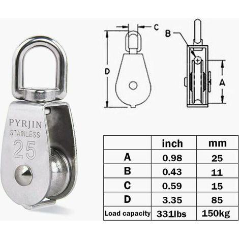 Seilzug, Heberolle, 2 Stück M25 Einzelrolle 304 Edelstahl, (1/4)
