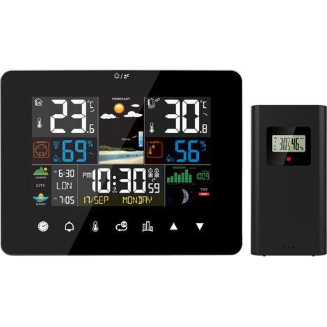 Wetterstation mit Sonnenaufgangs- und Sonnenuntergangswecker, Multifunktionsthermometer und Hygrometer, Touchscreen-Bedienung mit drahtlosem Außensensor, schwarz, von DEBUNS (1/5)