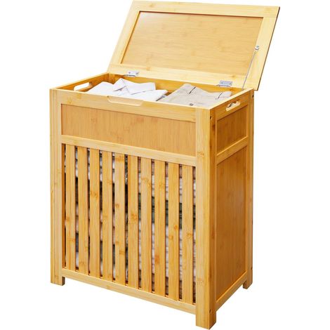 Relaxdays Cesto de ropa, 80 l, diseño de lamas, (Al x An x Fon): 62,5 x 50,5 x 28 cm, con tapa, bambú y MDF, natural (1/5)