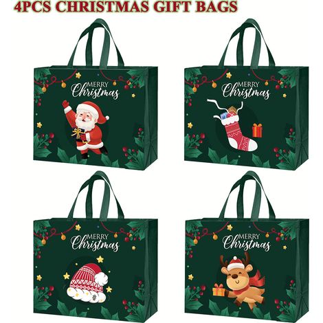 Sachets cadeaux de Noël avec cordon de serrage, lot de 4, sachets pour emballer des friandises de Noël, sachets cadeaux pour les fêtes de Noël, sachets à bonbons avec nœuds (1/5)