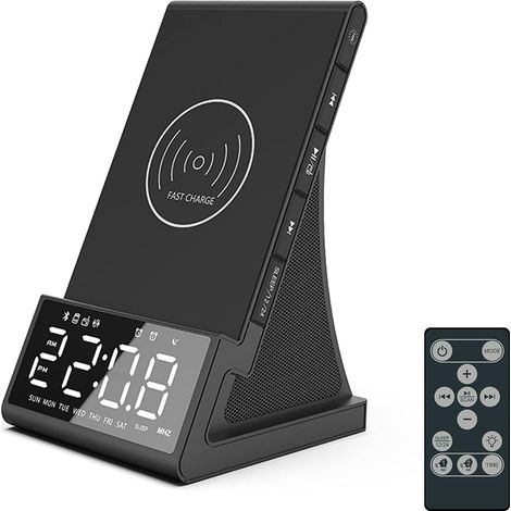 Wireless charging alarm clock with Bluetooth speaker, adjustable brightness and volume, compatible with cordless phones, suitable for the bedroom, office (1/5)