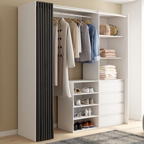 XXL MARTY 120/170 x 50 x 180 cm armario blanco extraíble con 4 cajones + estantes + espacio para colgar + cortina gris