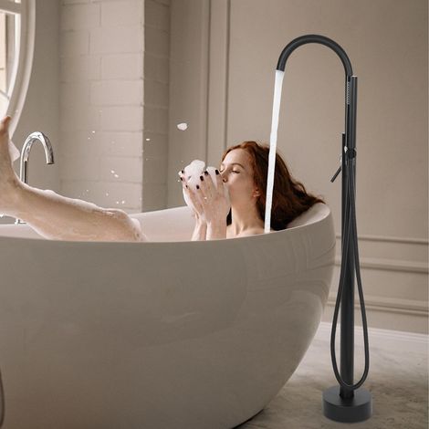 Freestanding Bathroom Tap Bath Shower Mixer Black Floor-Mounted Bathtub Faucet (1/5)