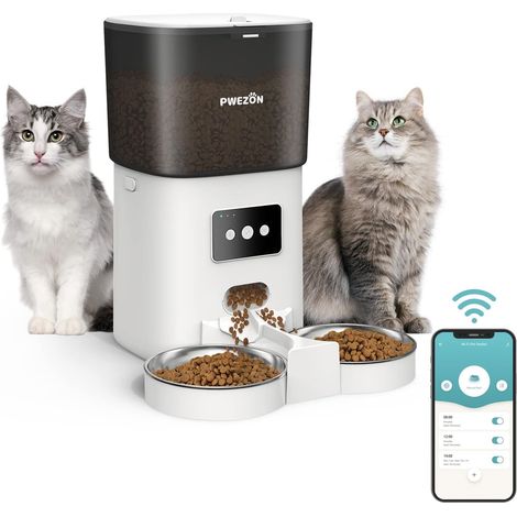 Distributeur de croquettes automatique pour 2 animaux avec double gamelle en inox, programmable via application mobile avec contrôle des portions, capacité 6L pour chats et chiens (1/5)
