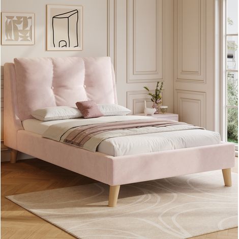 Bett rosa aus Samt 90x200 cm mit verstellbarem Kopfteil und Lattenrost (1/5)