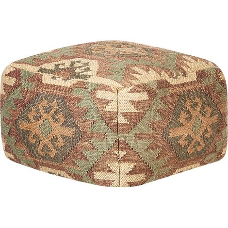 Puf de yute marrón verde rojo beige 50 x 50 cm reposapiés lana geométrico Cumbum (1/4)
