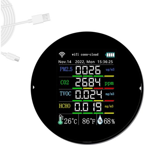 Testeur de qualité de l'air portable Tuya Wifi 7 en 1 : PM2.5, CO2, TVOC, HCHO, AQI, température, humidité, écran couleur, détecteur de dioxyde de carbone, compatible avec une application mobile et fo (1/5)