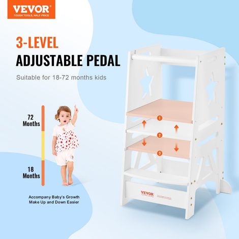 Échelle d'appui enfant bébé en bambou, tabouret tours cuisine réglable 3 hauteurs avec barrière sécurité chambre salle de bain, charge 160 kg, blanc (1/5)