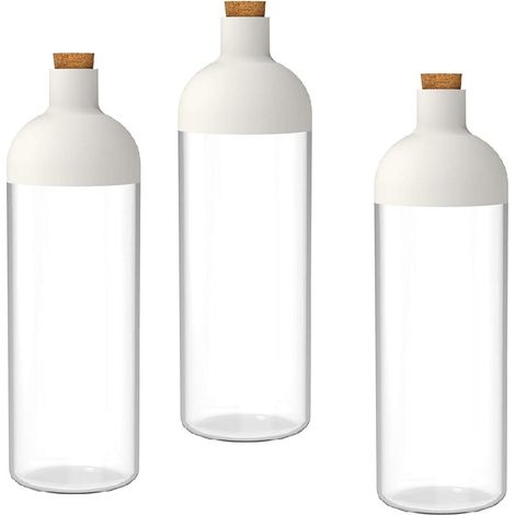 Set 3 barattoli contenitori cucina 0.9 litri – forma bottiglia – tappo dosatore in sughero – trasparente – chiusura bianca design – BPA Free – per spezie, caffè, zucchero (1/5)