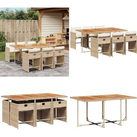 Set comedor de jardín 7 pzas con cojines ratán sintético beige - Sillas de jardín - Mesa de jardín