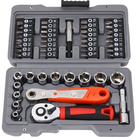 48 en 1 avec douille 1/4 po, kit d'outils de réparation ménager multi-embouts, acier CRV, rotation à cliquet fluide, poignée antidérapante pour la maison