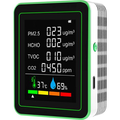 Monitor portátil de calidad del aire con medición de temperatura, humedad, PM2.5, HCHO (formaldehído), TVOC y CO2. Detector de dióxido de carbono preciso para uso en interiores.