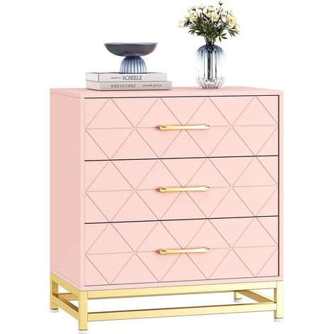 Commode Moderne Rose à 3 Tiroirs, Détails Dorés et Pieds en Métal, 61x40x73 cm (1/5)