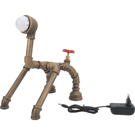 Lampe de table créative en métal de style industriel avec un design de tuyau d'eau en forme de chien, lampe décorative LED pour bureau/chambre à coucher, lumière jaune chaude. (1/5)