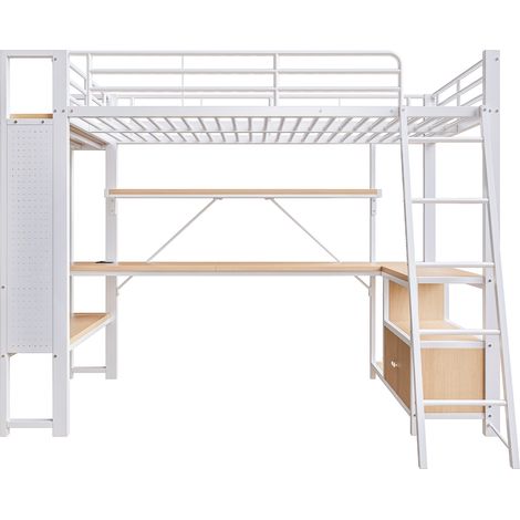 Cama alta 90 x 200 cm de metal blanco con escritorio, almacenaje, LED y USB (1/5)