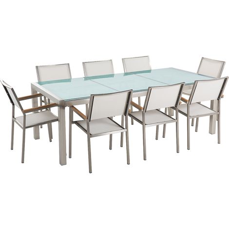 Conjunto de comedor de jardín blanco con mesa 220 x 100 cm de vidrio agrietado 8 sillas Grosseto