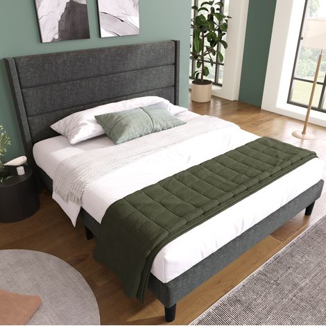 DESVIAE Lit double rembourré 140 x 200 cm avec tête de lit et sommier à lattes en tissu lin gris foncé matelas orthopédique 7 zones H3 rangement sous le lit (1/5)