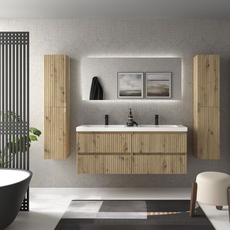 Mueble de Baño KIRA 140cm Roble 4 cajones Lavabo Toscana 2 pozas Carga Mineral (1/5)