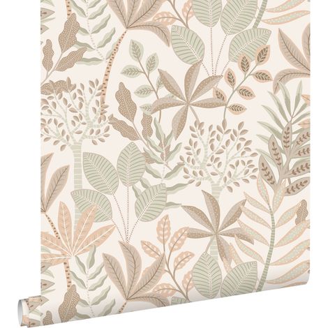 papier peint feuilles gris chaud, beige et vert grisé - ESTAhome