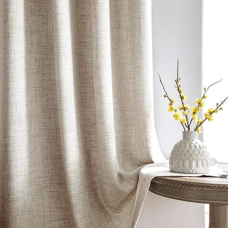 Linen Look Semi-Transparent Curtains with Ruffle Tape for Bedroom 210H x 140L cm (Beige) (1/4)