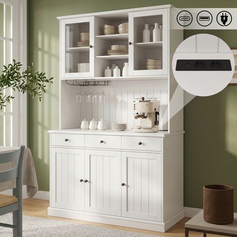 Buffet haut vitré blanc 120x191 cm, porte-verres, USB-C/A, prise, meuble cuisine rangement