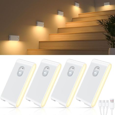 Ensemble de 4 veilleuses à détecteur de mouvement, lampes LED rechargeables, lampe d'intérieur à détecteur de mouvement avec 3 modes (AUTO/ARRÊT/MARCHE), veilleuse pour escaliers, couloir, chambre, ar (1/5)