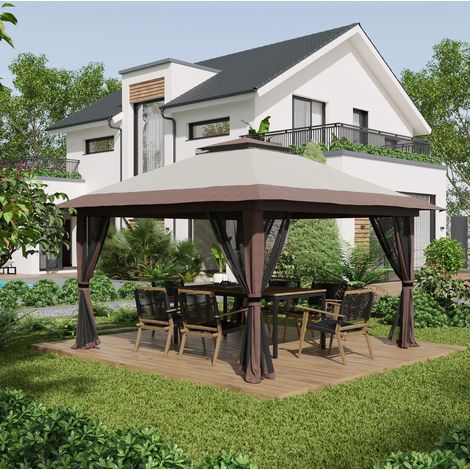 Faltbarer Gartenpavillon 392x392x283 cm aus beigem Polyester, Doppeldach – MEUBLIV (1/5)