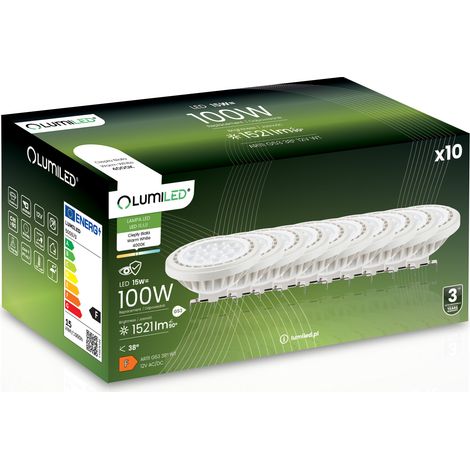 10 bombillas LED G53 reflectoras AR111 15W = 100W 1521lm 4000K Neutro 38° 12V LUMILED