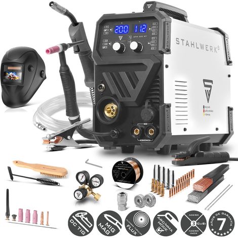 STAHLWERK Soldadora combinada 3 en 1 MTM-200 ST – Equipo completo – TIG, MIG/MAG, MMA/Electrodo hasta 200 A, hilo sinérgico, 4 rodillos, encendido HF, apto para hilo hueco, acero, chapa fina (1/5)