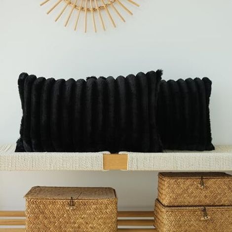 Fundas de cojín decorativas con ribete de piel sintética, fundas para cojines de sofá, fundas de almohada suaves (negras, 30 x 50 cm)