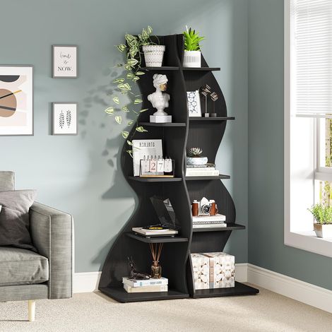 Tribesigns Eckregal, 178 cm hoch, Lagerregal, Bücherregal, Pflanzenständer, Organizer-Einheit, 5 Stufen, Modern, für Zuhause, Büro, Wohnzimmer, Schlafzimmer, Balkon, Schwarz, 2 Stück (1/5)