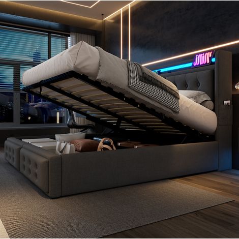 Cama tapizada 180x200 cm gris en algodón-lino con cabecero LED, USB-C y almacenamiento hidráulico
